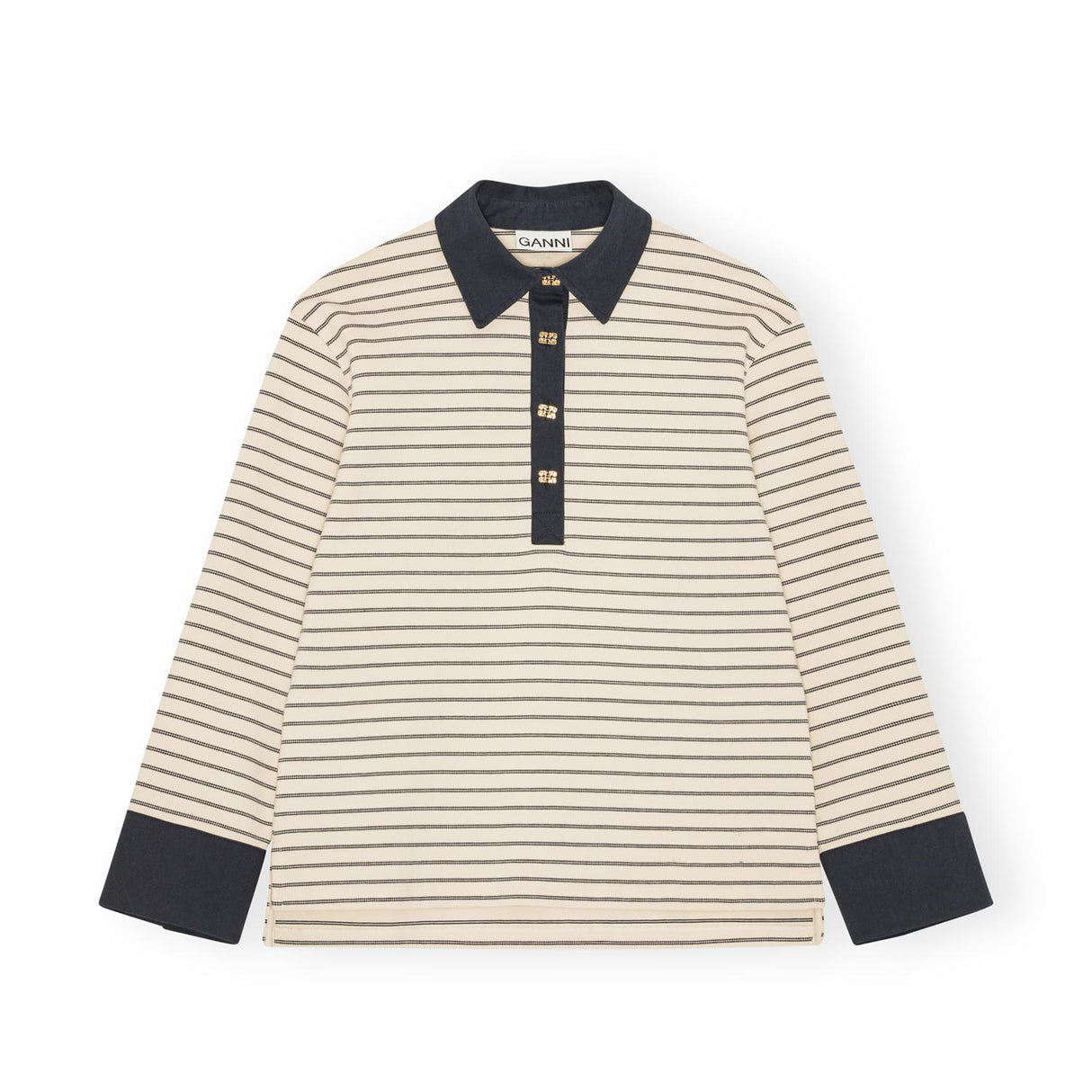 Ganni T4215 STRIPED COTTON POLO, Egret