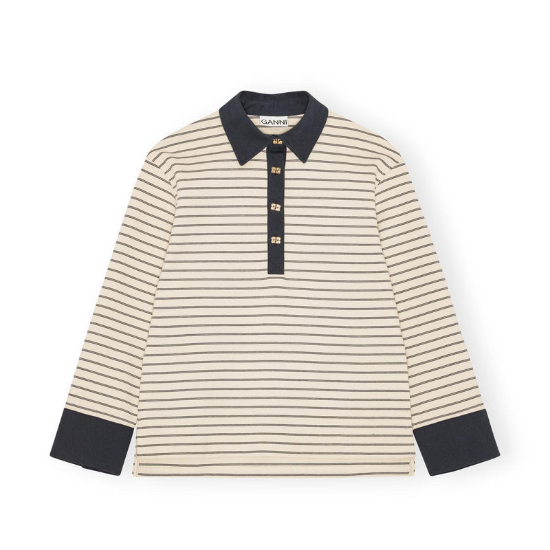 Ganni T4215 STRIPED COTTON POLO, Egret