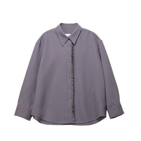 Gray shirt with ruffled front panel on a white background