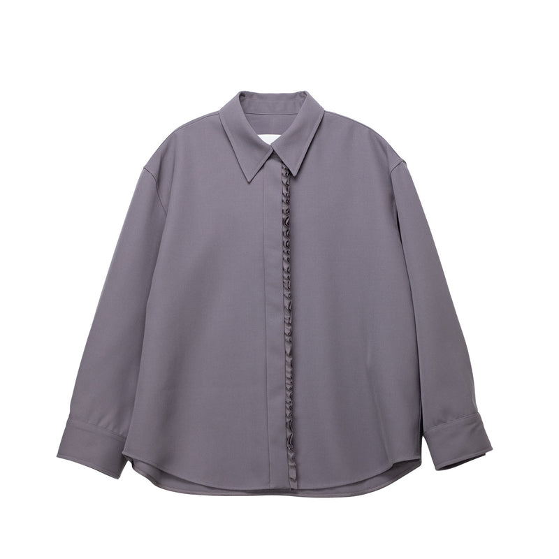 Gray shirt with ruffled front panel on a white background