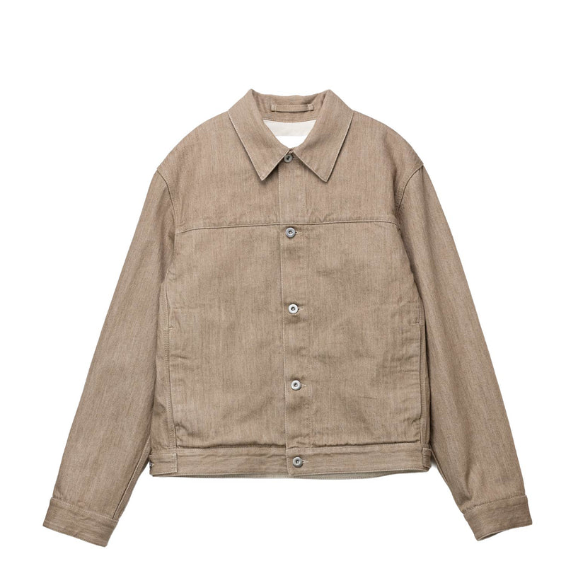 Beige denim jacket on a white background.