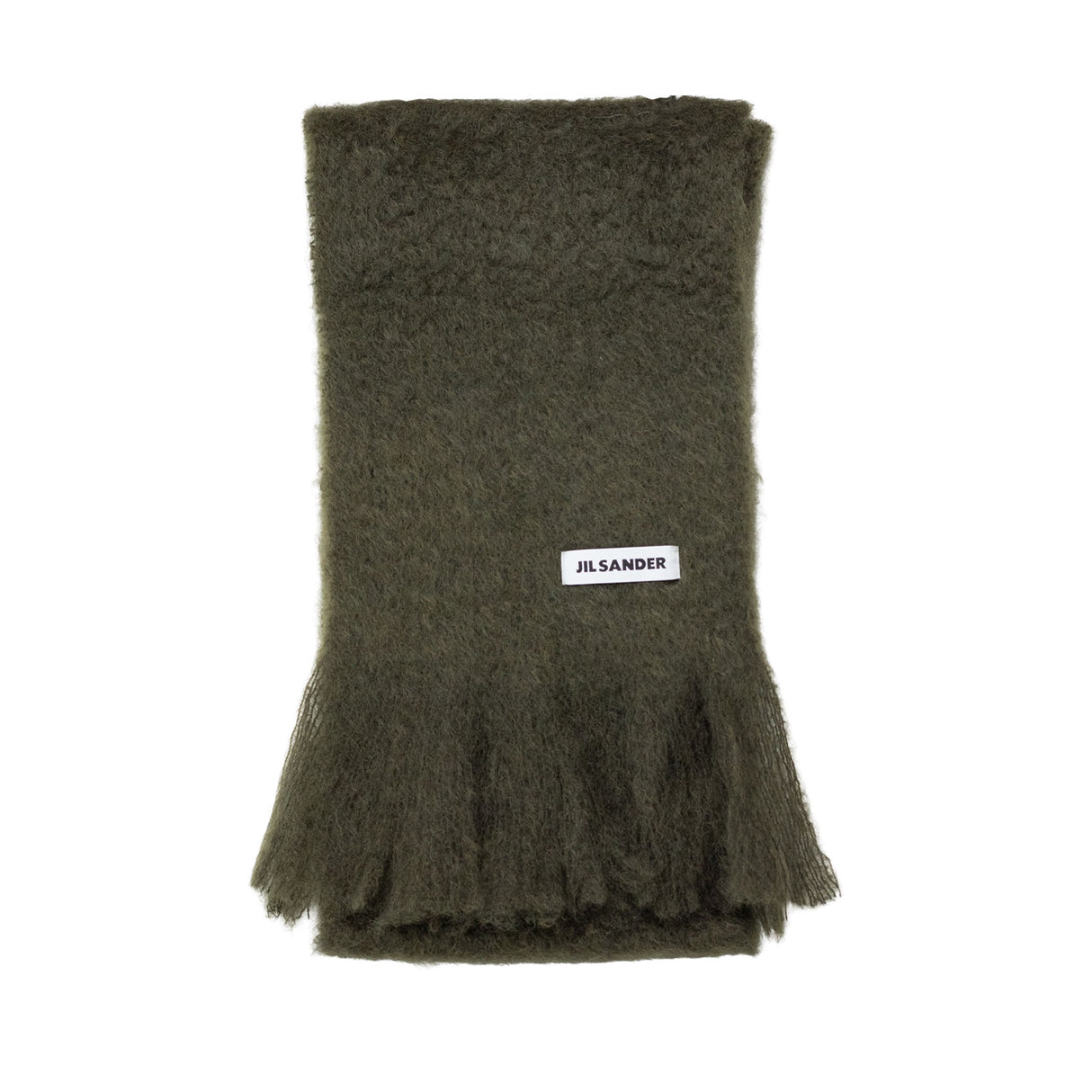 Green scarf with a brand label on a white background