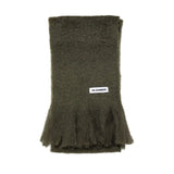 Green scarf with a brand label on a white background