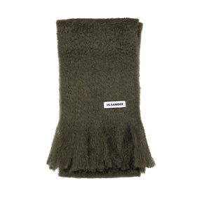 Green scarf with a brand label on a white background