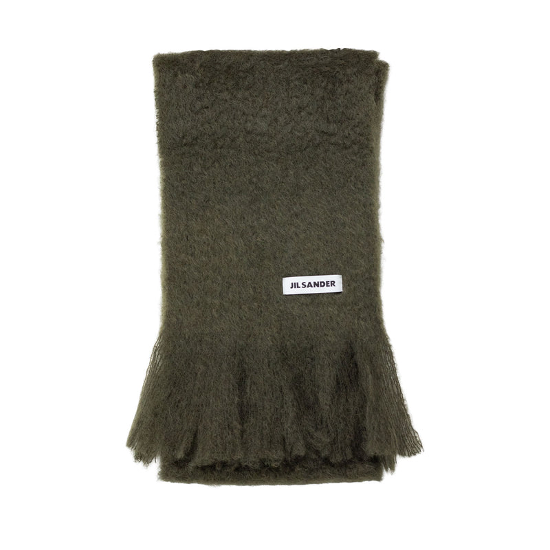 Green scarf with a brand label on a white background