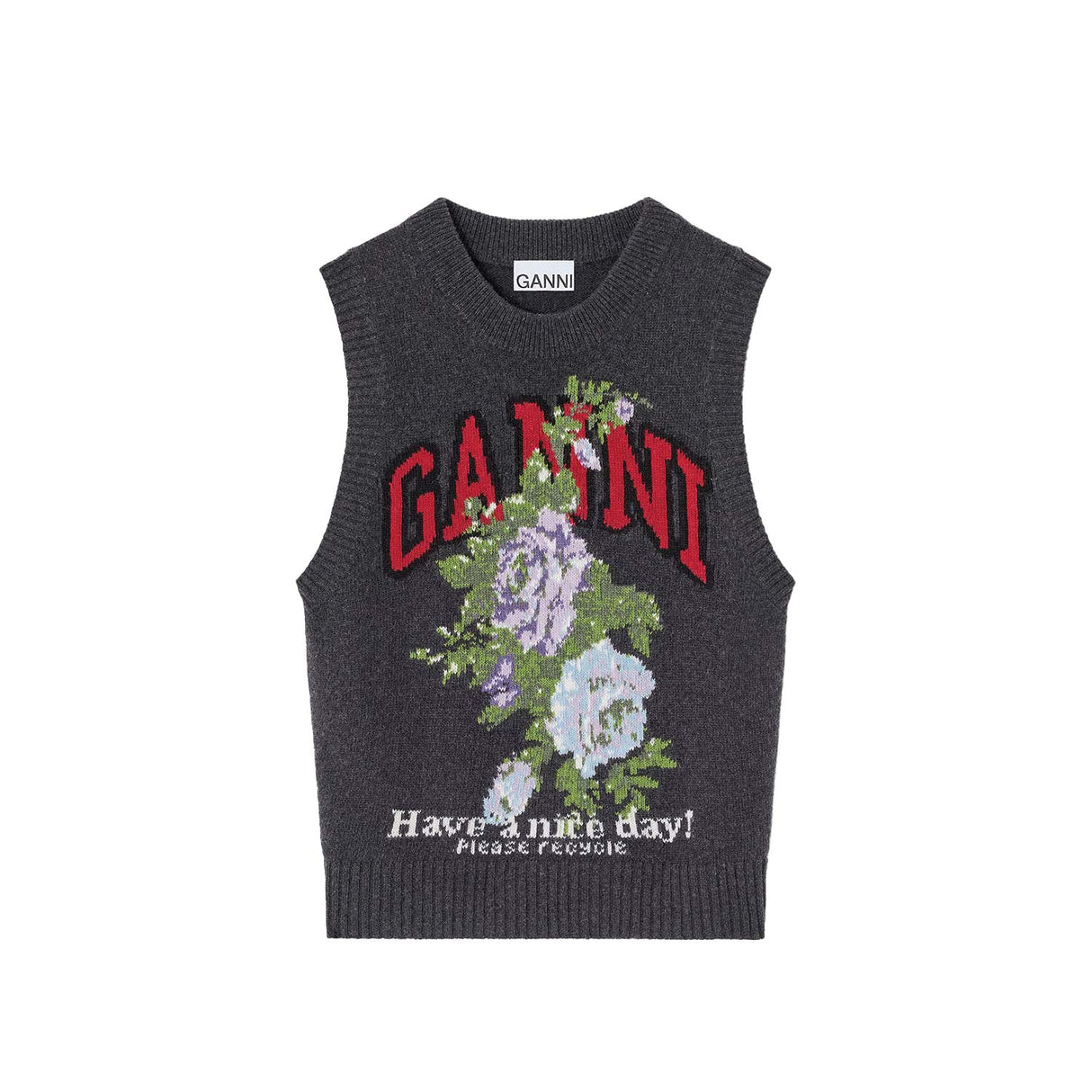 Ganni K2596 GRAPHIC WOOL MIX FLOWERS VEST, Phantom