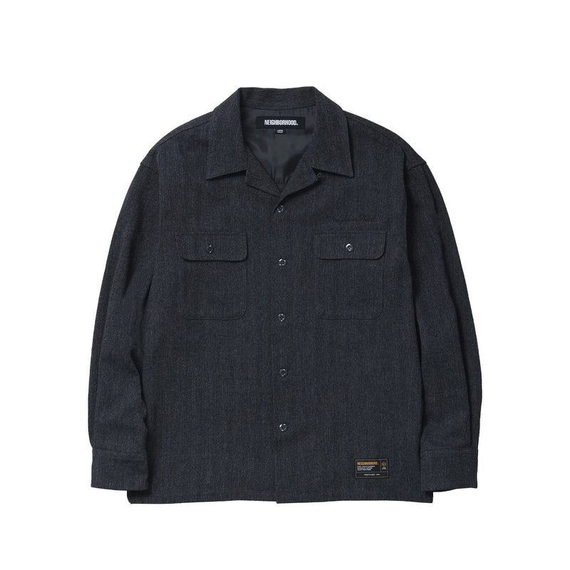 Neighborhood HERRINGBONE OPEN COLLAR SHIRT, Charcoal
