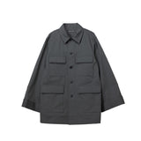 Dark gray jacket with multiple pockets on a white background