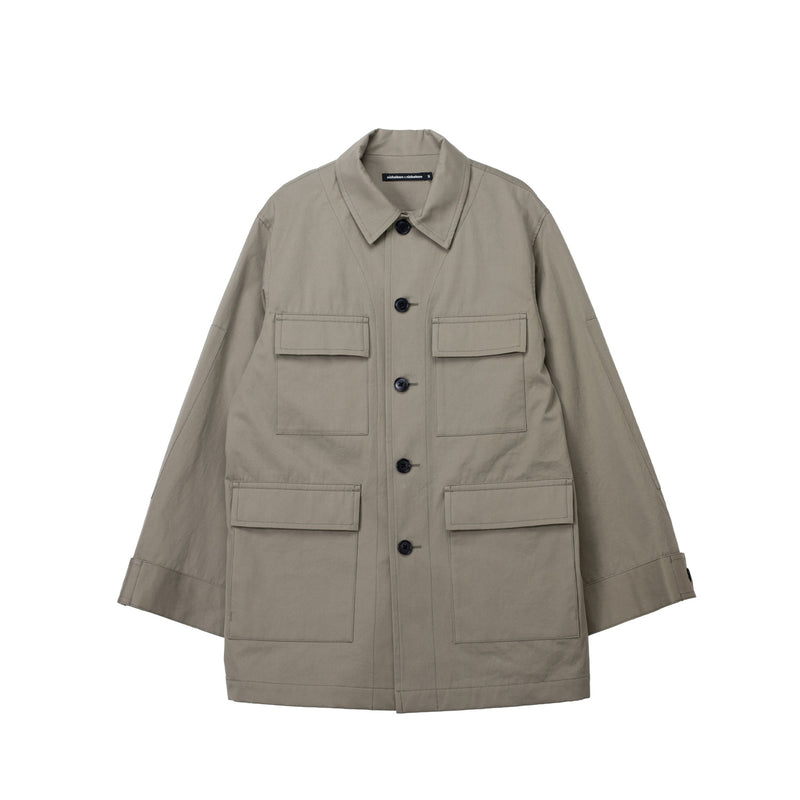 Beige jacket with multiple pockets on a white background