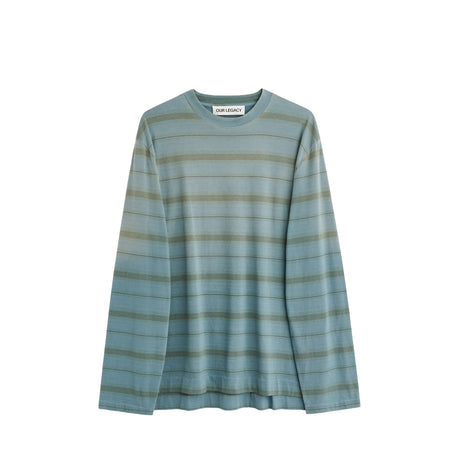 Blue and green striped long-sleeve shirt on a white background