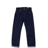 Pair of dark blue jeans on a white background