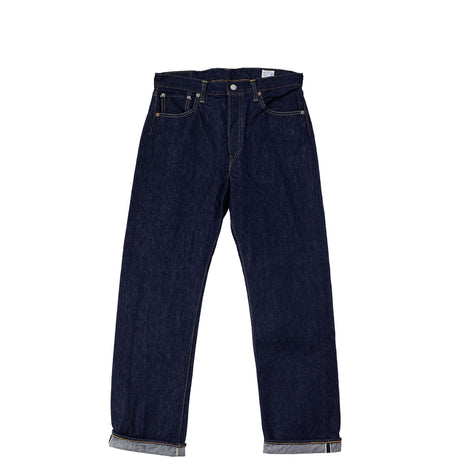 Pair of dark blue jeans on a white background