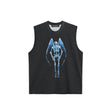 Black sleeveless shirt with blue skeleton design on a white background