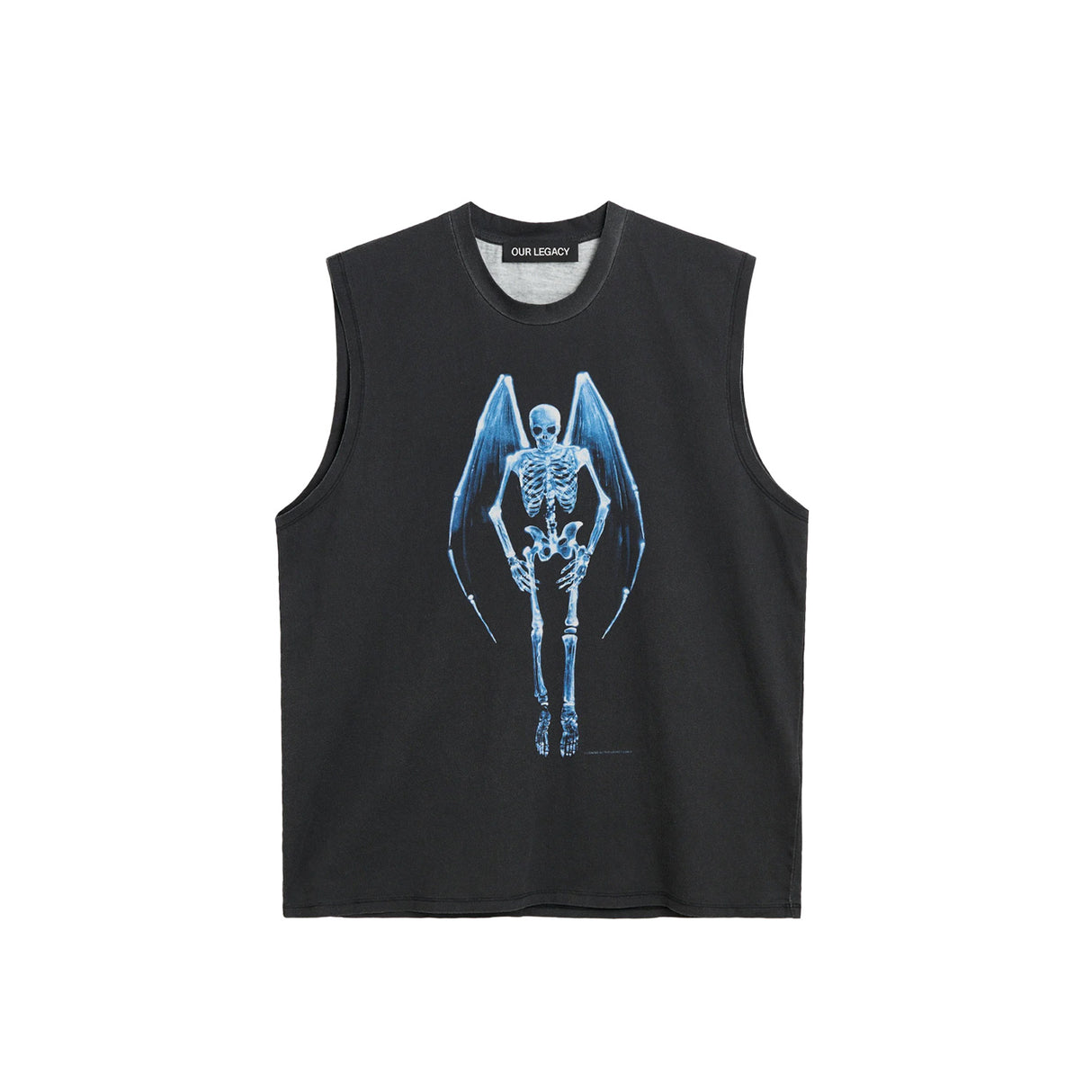 Black sleeveless shirt with blue skeleton design on a white background
