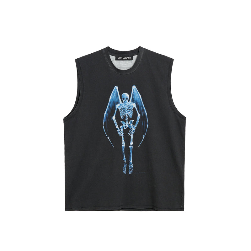 Black sleeveless shirt with blue skeleton design on a white background