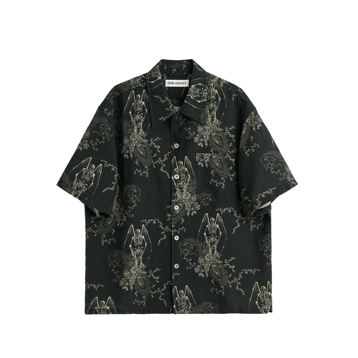 Black short-sleeve shirt with intricate white patterns on a white background