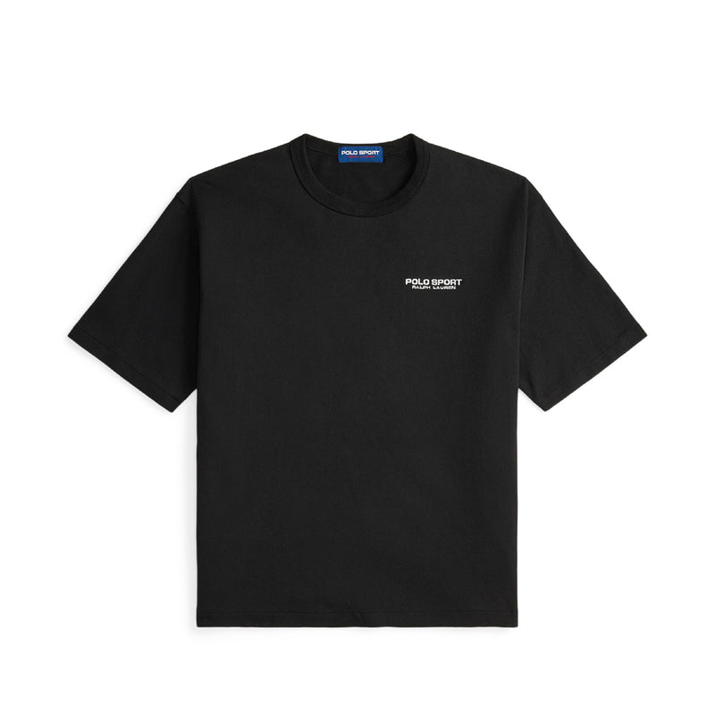Black t-shirt on a white background. 