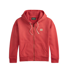 Red hoodie with a brand logo on a white background