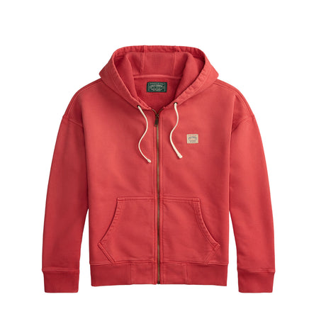 Red hoodie with a brand logo on a white background