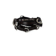 Black leather bridle with silver hardware on a white background