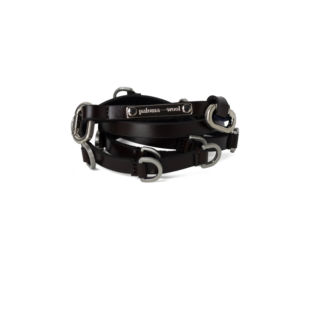 Black leather bridle with silver hardware on a white background