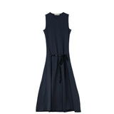 Navy blue sleeveless dress on a white background