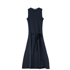 Navy blue sleeveless dress on a white background