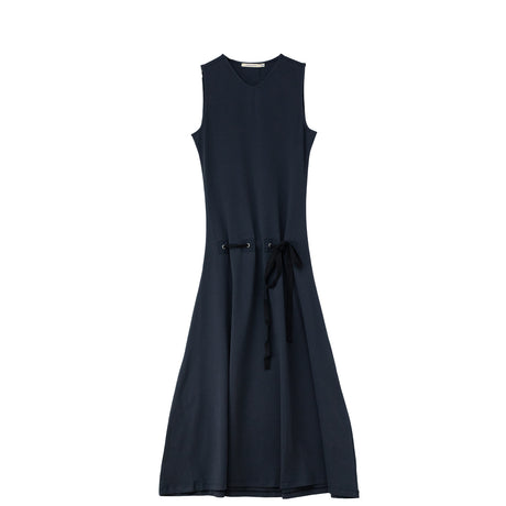 Navy blue sleeveless dress on a white background