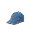 Blue denim cap with a logo on a white background