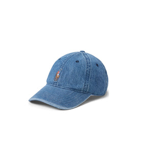 Blue denim cap with a logo on a white background