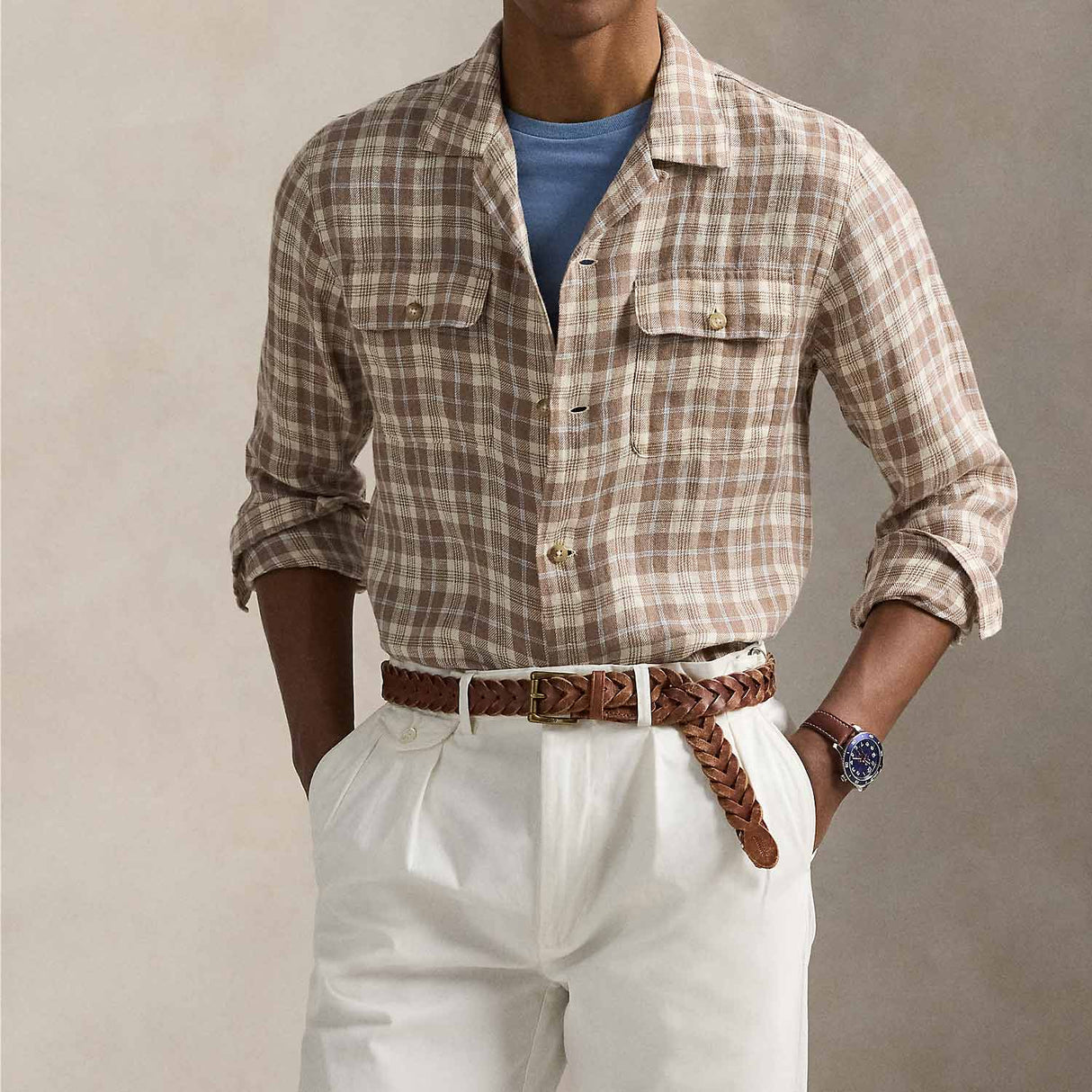 POLO Ralph Lauren CLASSIC FIT PLAID LINEN SHIRT, Brown