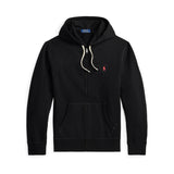 Black hoodie with a small red logo on a white background