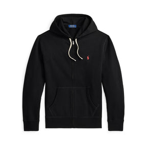 Black hoodie with a small red logo on a white background