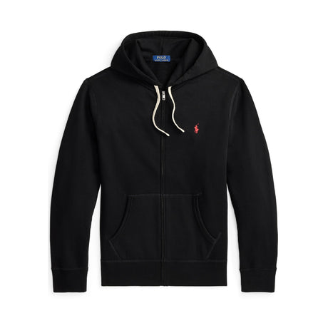 Black hoodie with a small red logo on a white background