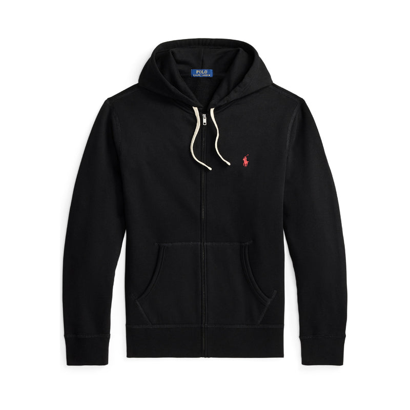 Black hoodie with a small red logo on a white background