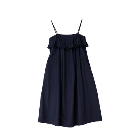 Navy blue dress with ruffled straps on a white background