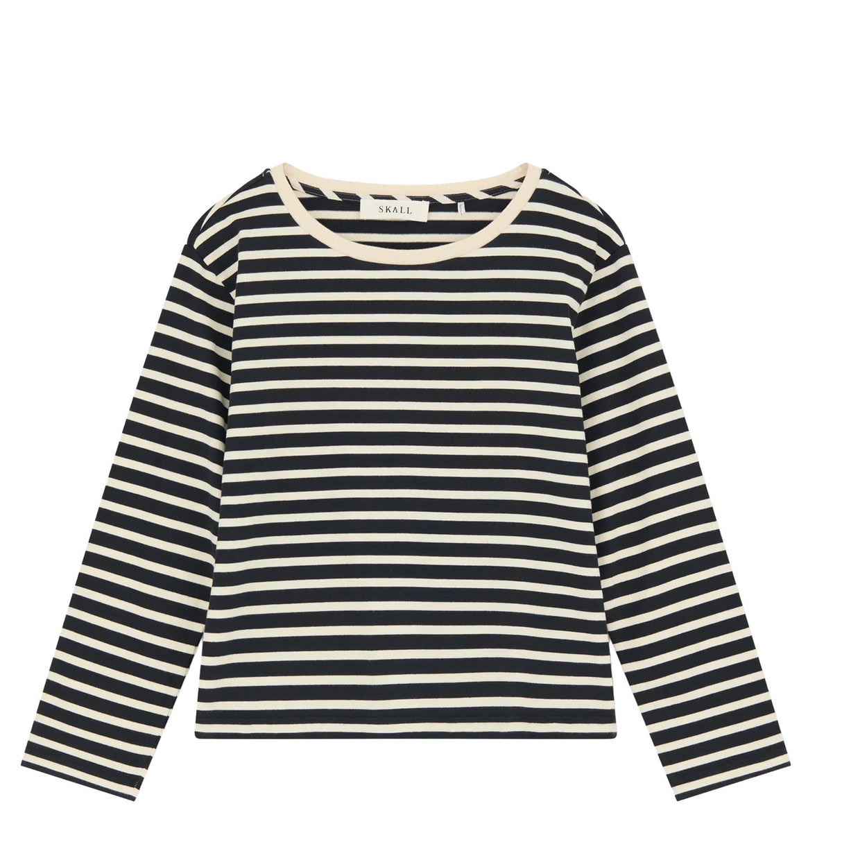 Black and white striped long-sleeve shirt on a white background