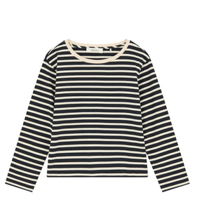 Black and white striped long-sleeve shirt on a white background