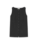 Black sleeveless button-up dress on a white background