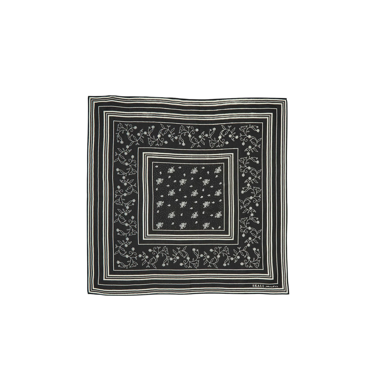 Black square scarf with white floral pattern on a white background