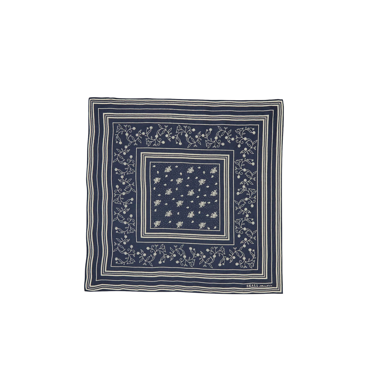 Navy blue bandana with white floral pattern on a white background