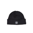 Black beanie with a logo at the frontin a white background