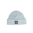 Light blue beanie with a logo at the front on a white background