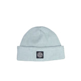 Light blue beanie with a logo at the front on a white background