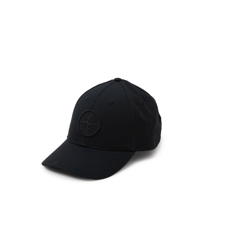 Black cap with embroidered logo on a white background
