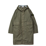 Green parka coat with a brand logo on a white background