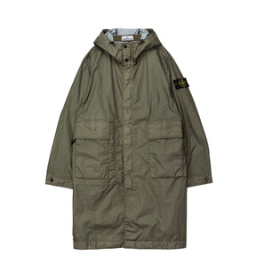 Green parka coat with a brand logo on a white background