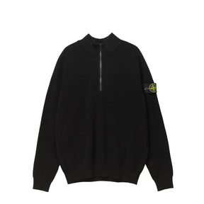 Black sweater with a brand logo on the sleeve against a white background