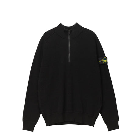 Black sweater with a brand logo on the sleeve against a white background