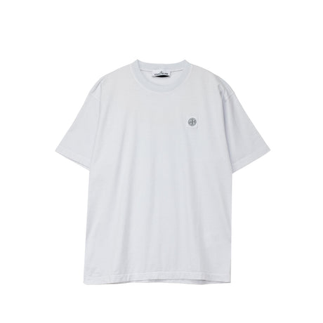 Grey t-shirt with a small logo on a white background